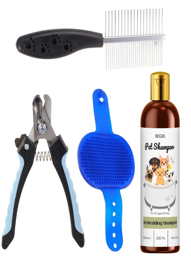 REGIIS Pet Grooming Kit, 4-in-1 Dog Grooming Set with Deshedding Shampoo, Comb, Nail Clipper and Silicone Brush, Multicolour - Image 1